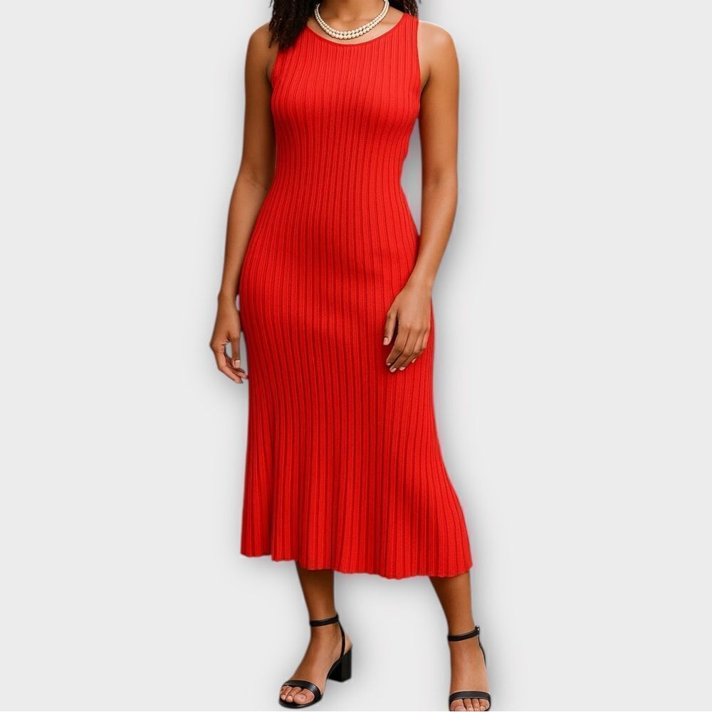 Devotion by Cyrus Coral Ribbed Knit Midi Sheath Dress Medium